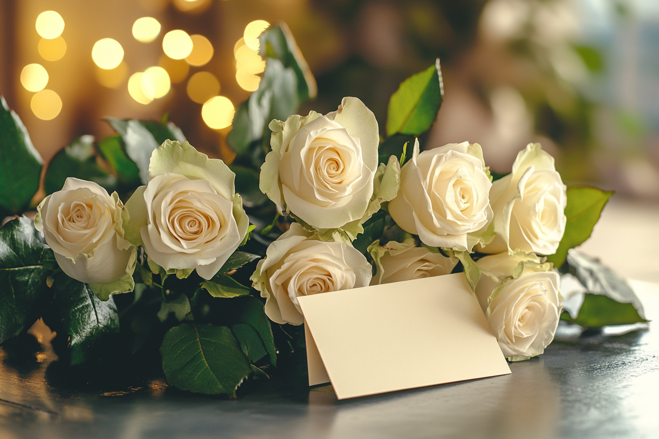 A bouquet of white roses with a small note | Source: Midjourney