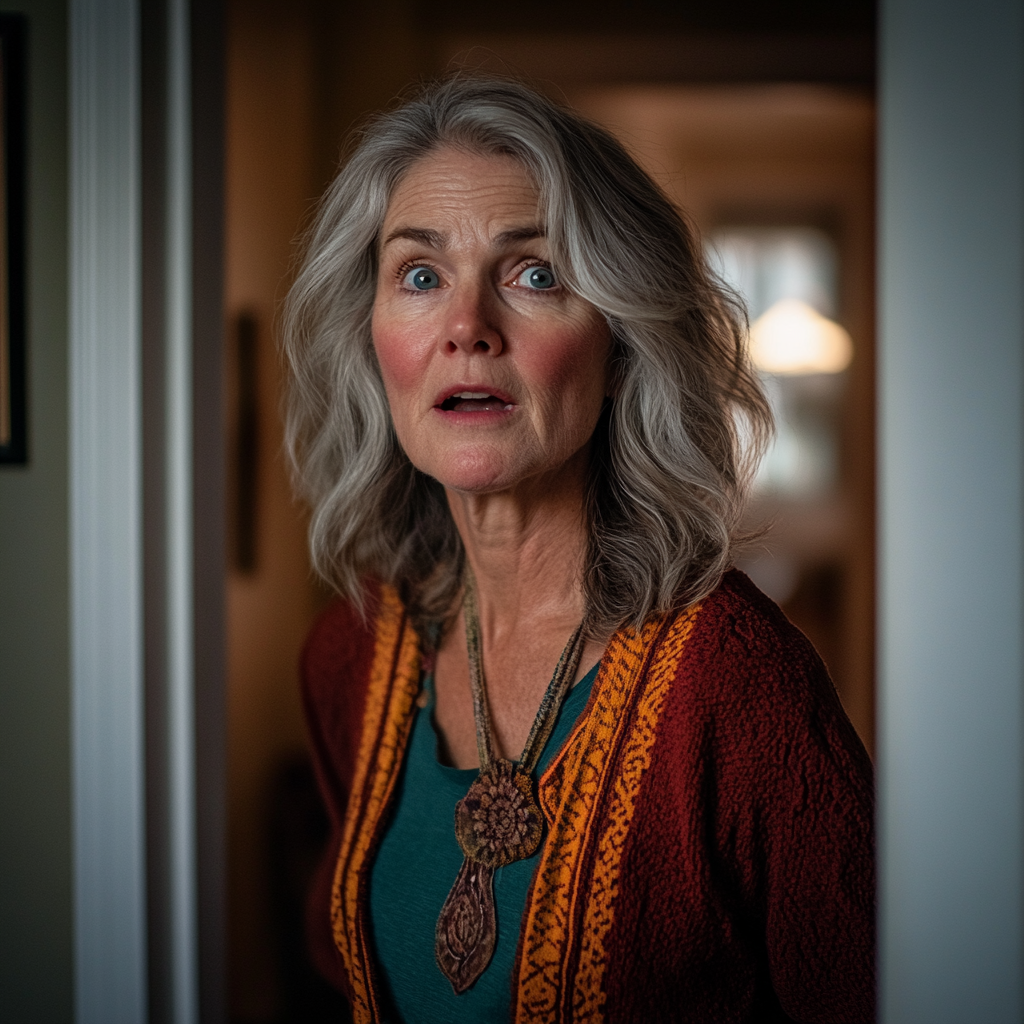 A surprised and concerned senior woman standing outside a room | Source: Midjourney