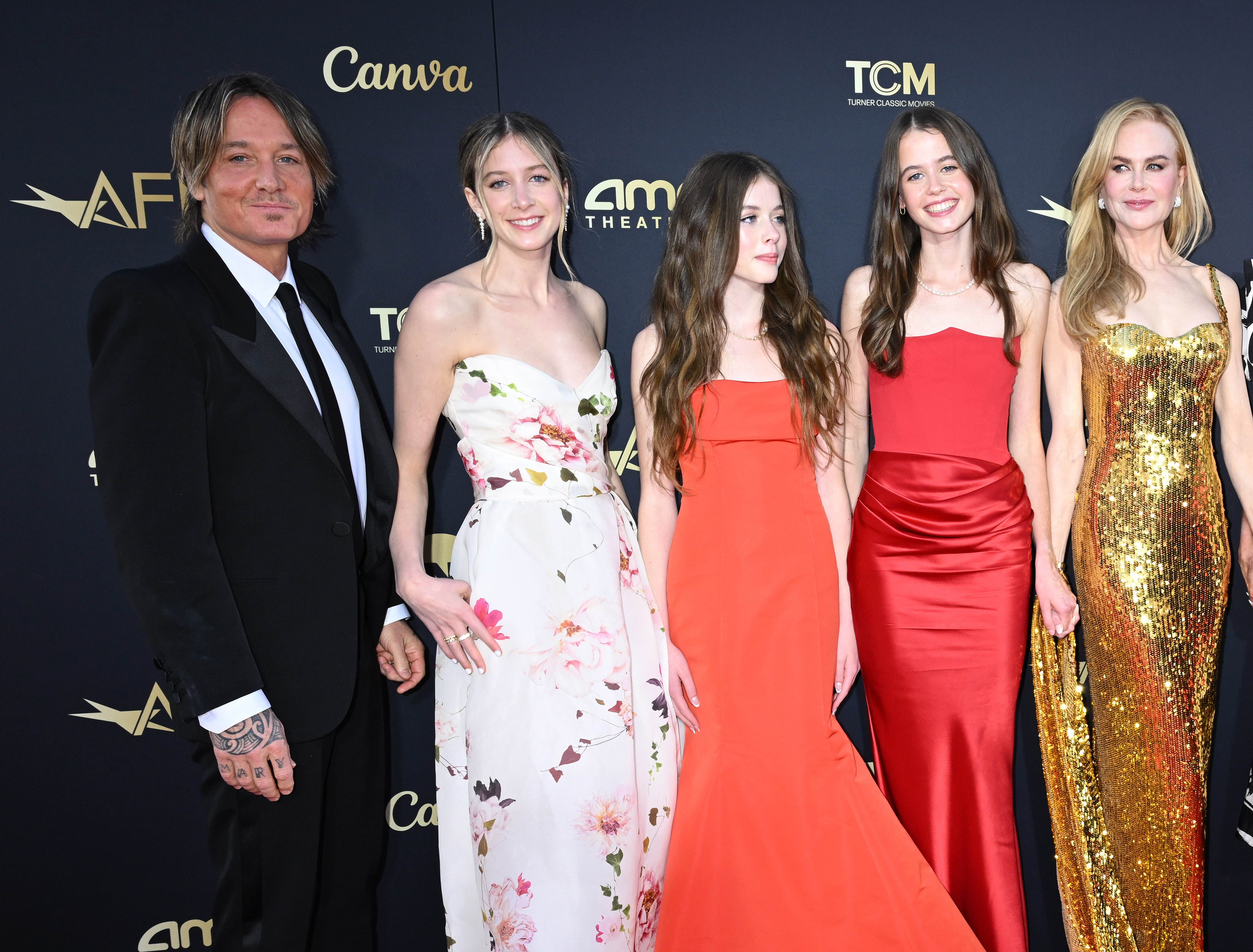Keith Urban, Sunday Rose and Faith Margaret Urban-Kidman, Sybella Hawley, and Nicole Kidman at the AFI Life Achievement Award in Los Angeles, California, on April 27, 2024. | Source: Getty Images