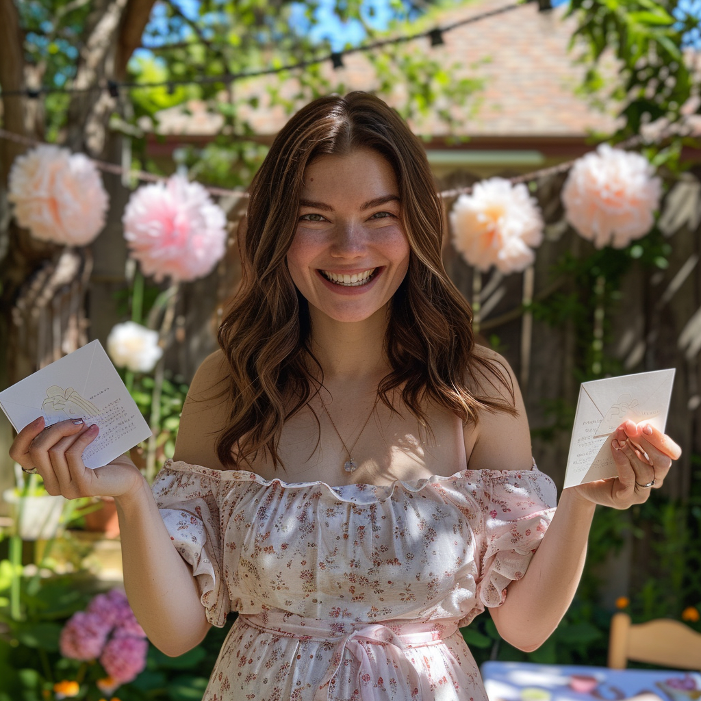 A woman smiles wickedly while waving an envelope and a note at a gender reveal party | Source: Midjourney