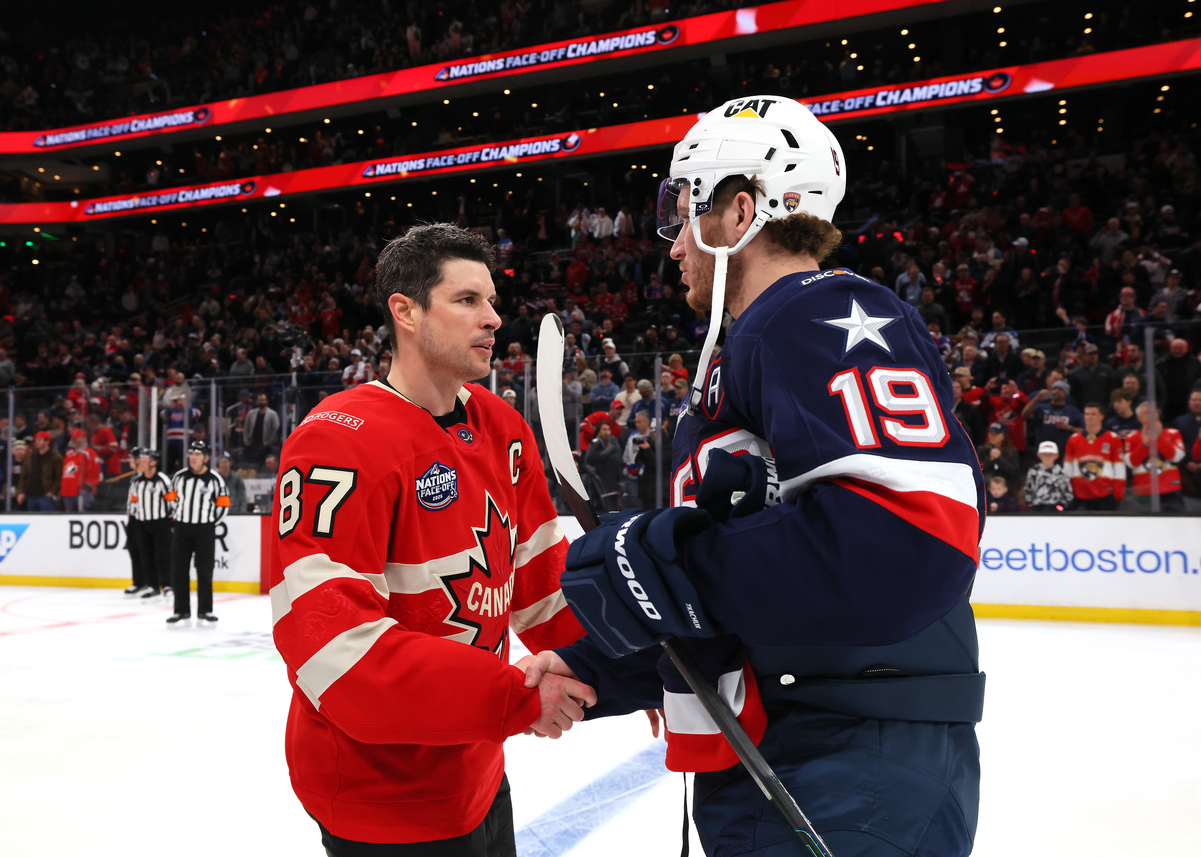 Sidney Crosby #87 of Team Canada shakes hands with Matthew Tkachuk #19 of Team United States on February 20, 2025 | Source: Getty Images