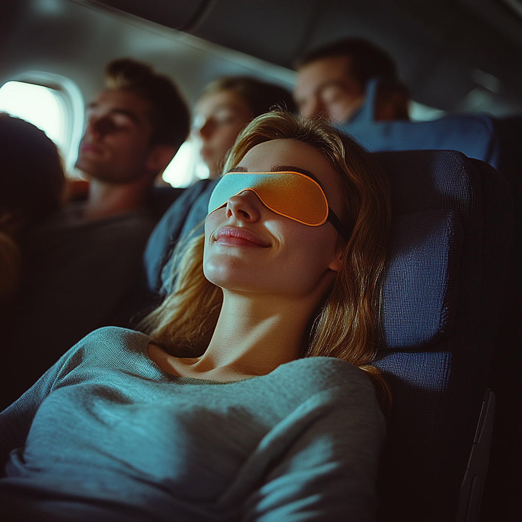 A content woman sleeping in a plane | Source: Midjourney