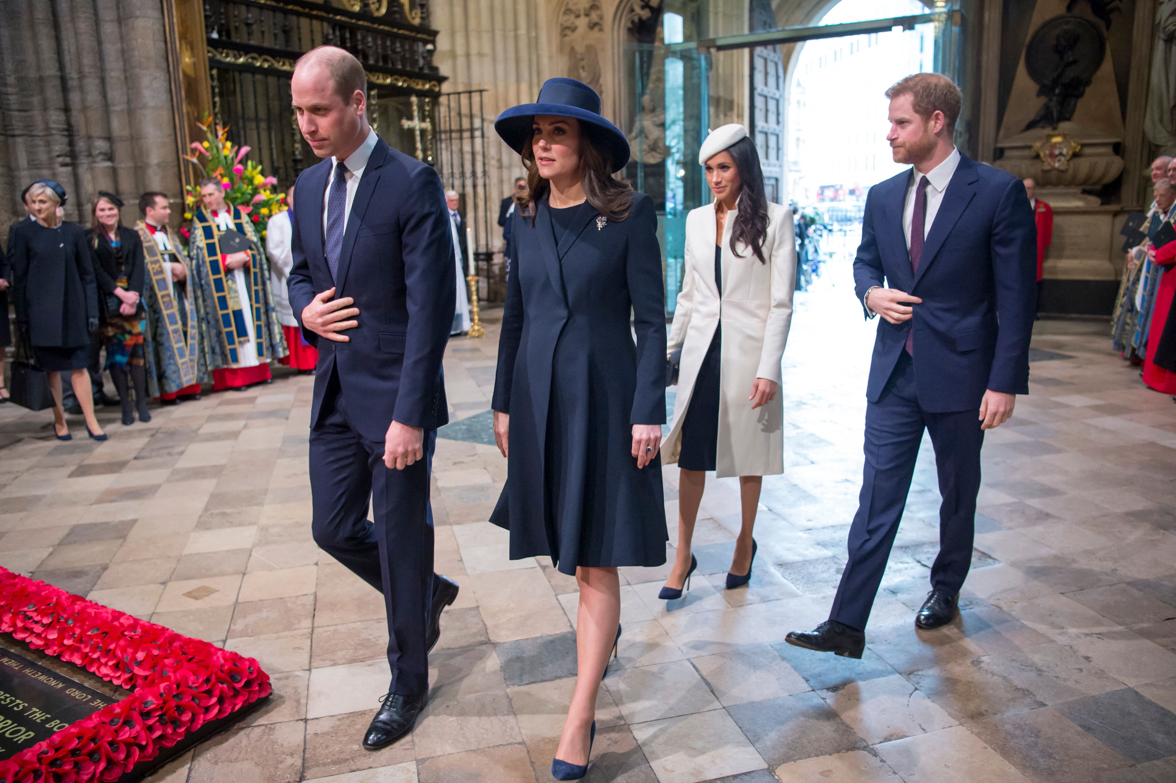 Britain's Prince William, Duke of Cambridge, Britain's Catherine, Duchess of Cambridge, US actress Meghan Markle and her fiancee Britain's Prince Harry attend a Commonwealth Day Service at Westminster Abbey in central London, on March 12, 2018 | Source: Getty Images
