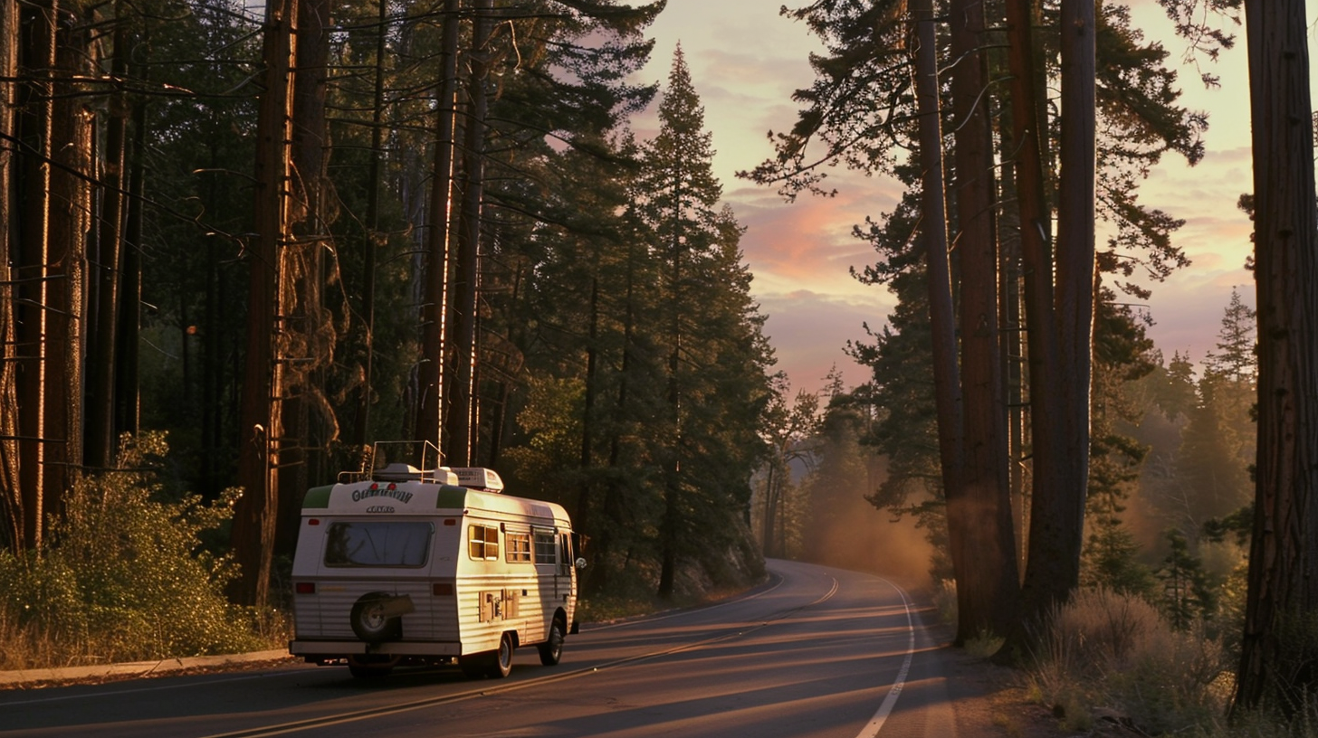 Old RV riding on the forest road | Source: Midjourney