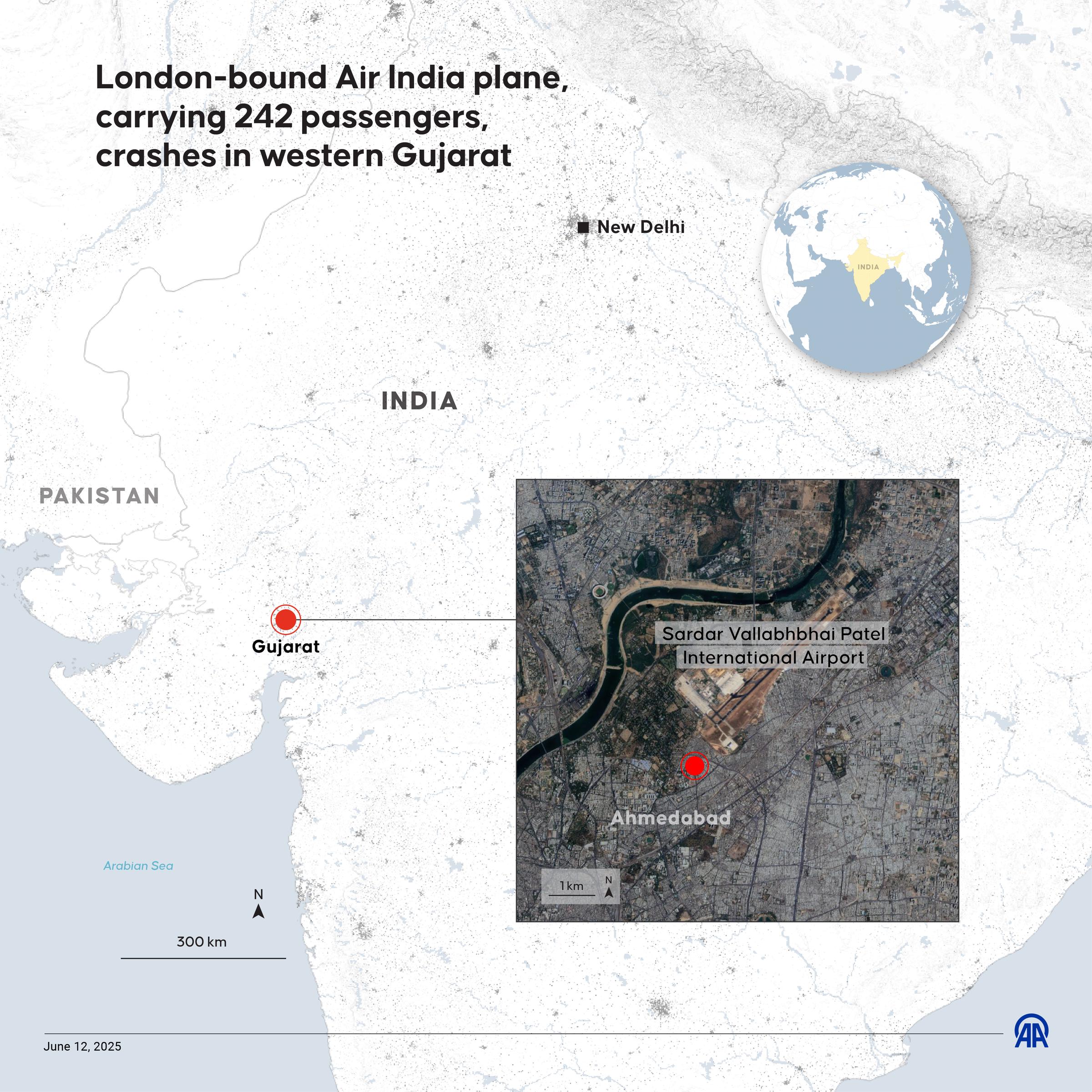 An infographic showing the plane's course and information on the crash; photo created in Ankara, Turkiye on June 12, 2025. | Source: Getty Images