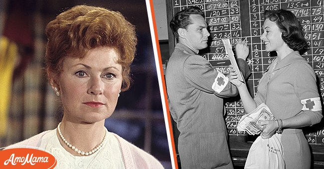 (L) Actress Marion Ross as Marion Cunningham on the TV series "Happy Days" dated June 28, 1974. (R) Marion Ross and Freeman Morse compute data on Red Cross blitz drive in Movie City in May 1957 | Photo: Getty Images