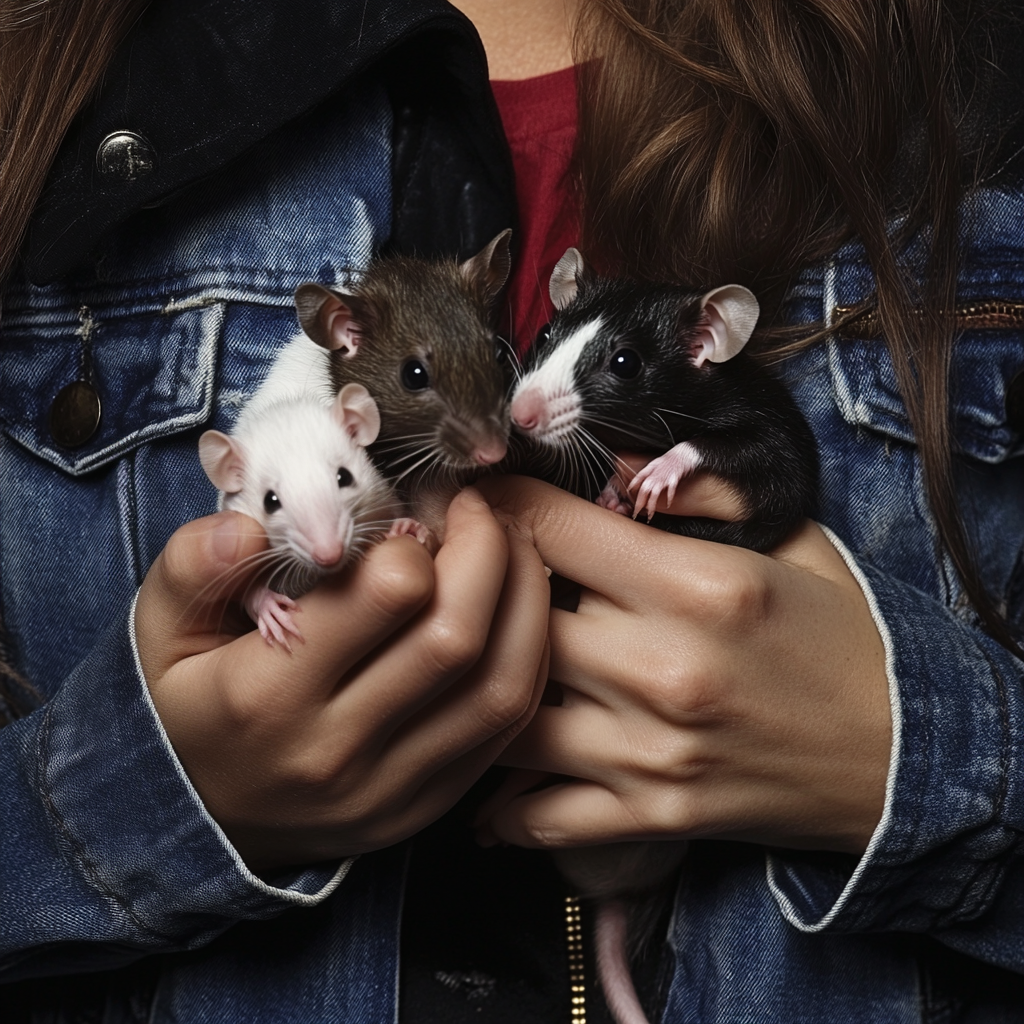 A woman holding three pet rats | Source: Midjourney