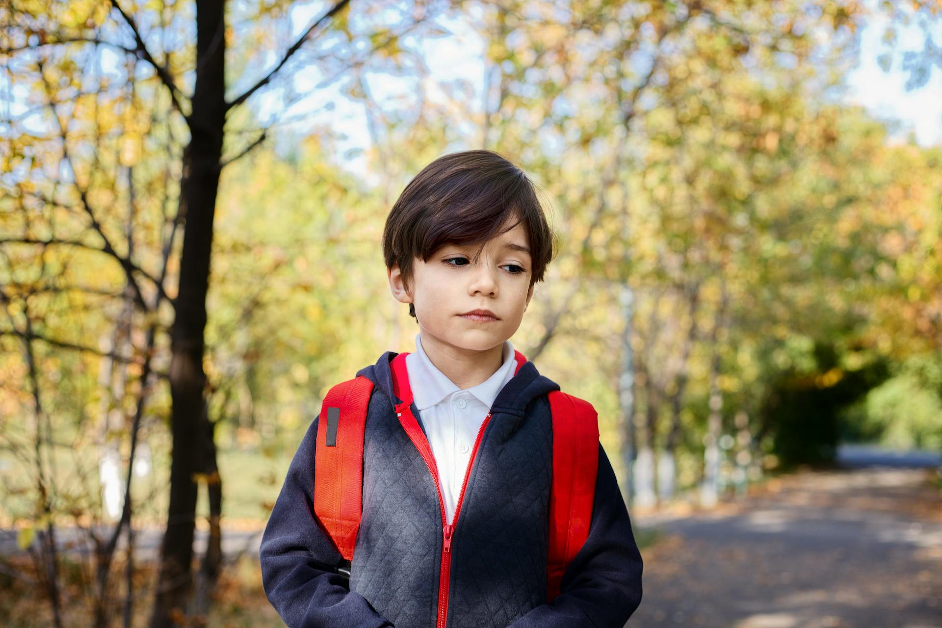 A schoolboy standing in a park looking sad and worried | Source: Pexels