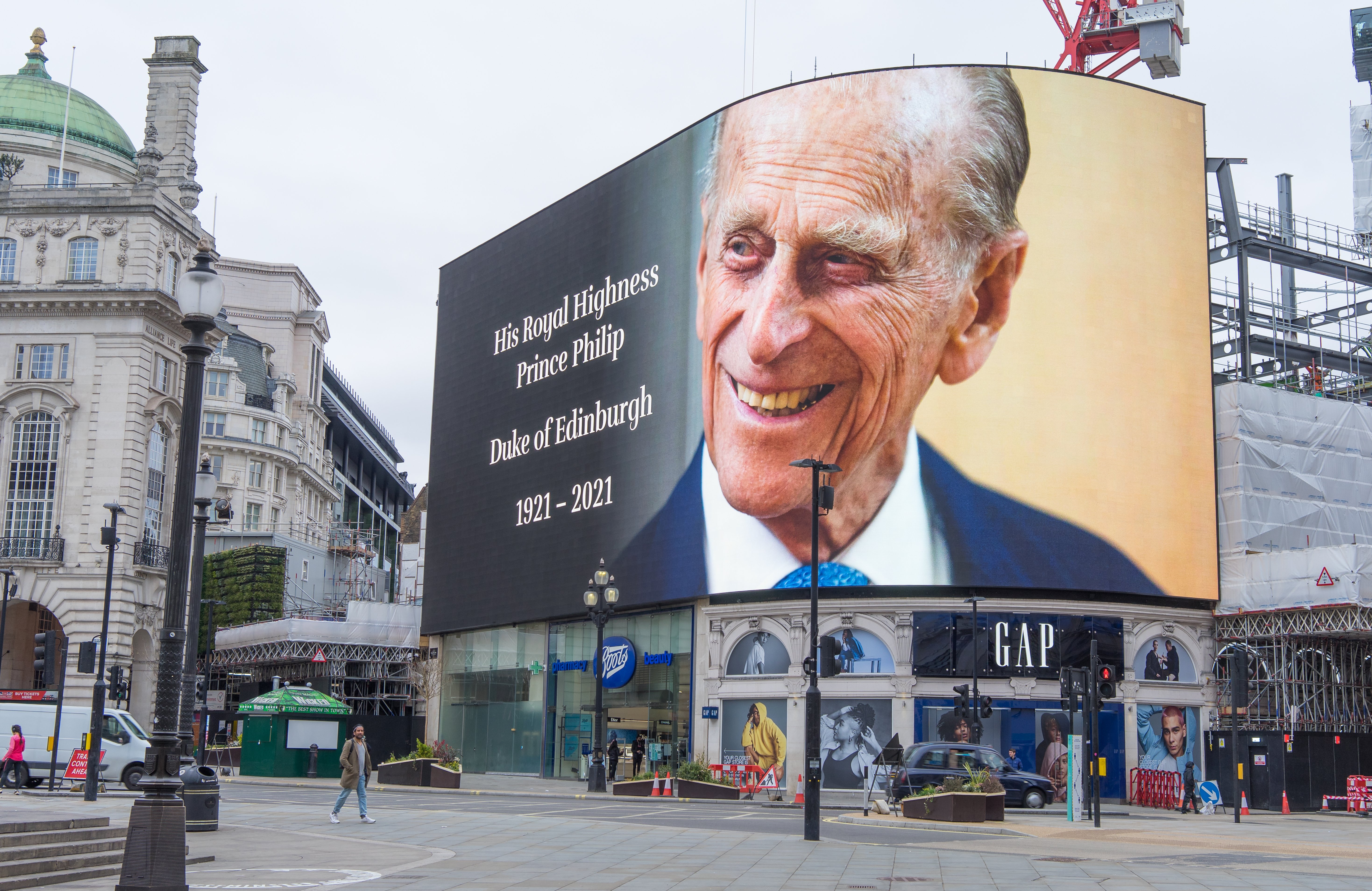 Piccadilly Circus paying respect to Prince Philip following the announcement of his death on April 10, 2021, London | Photo: Shutterstock