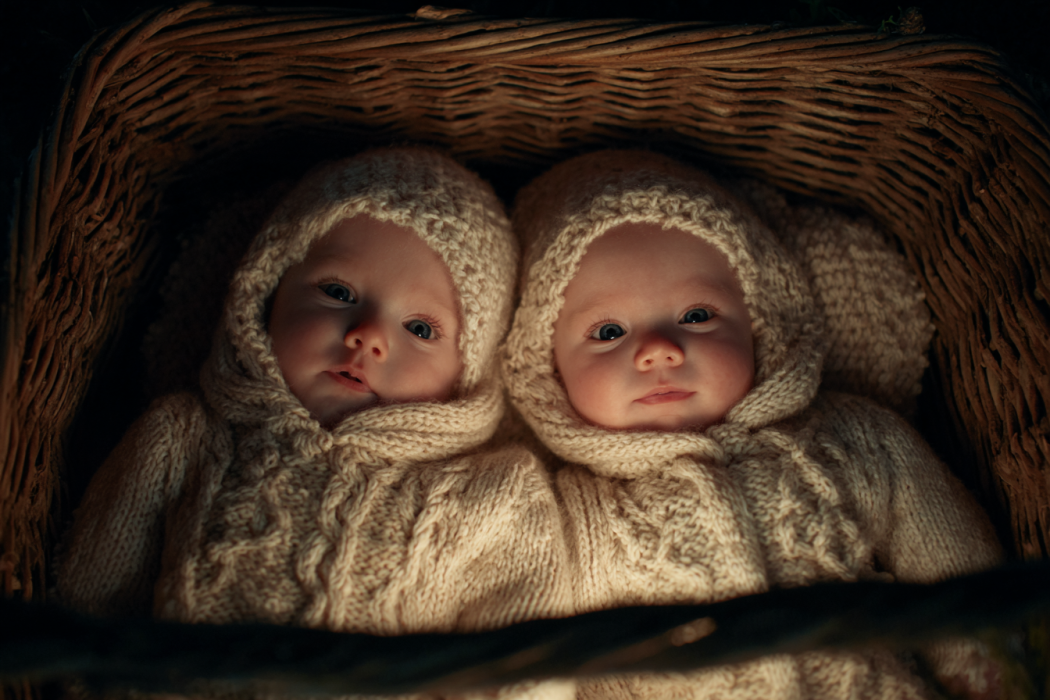 Twin babies lying in a wicker basket | Source: Midjourney
