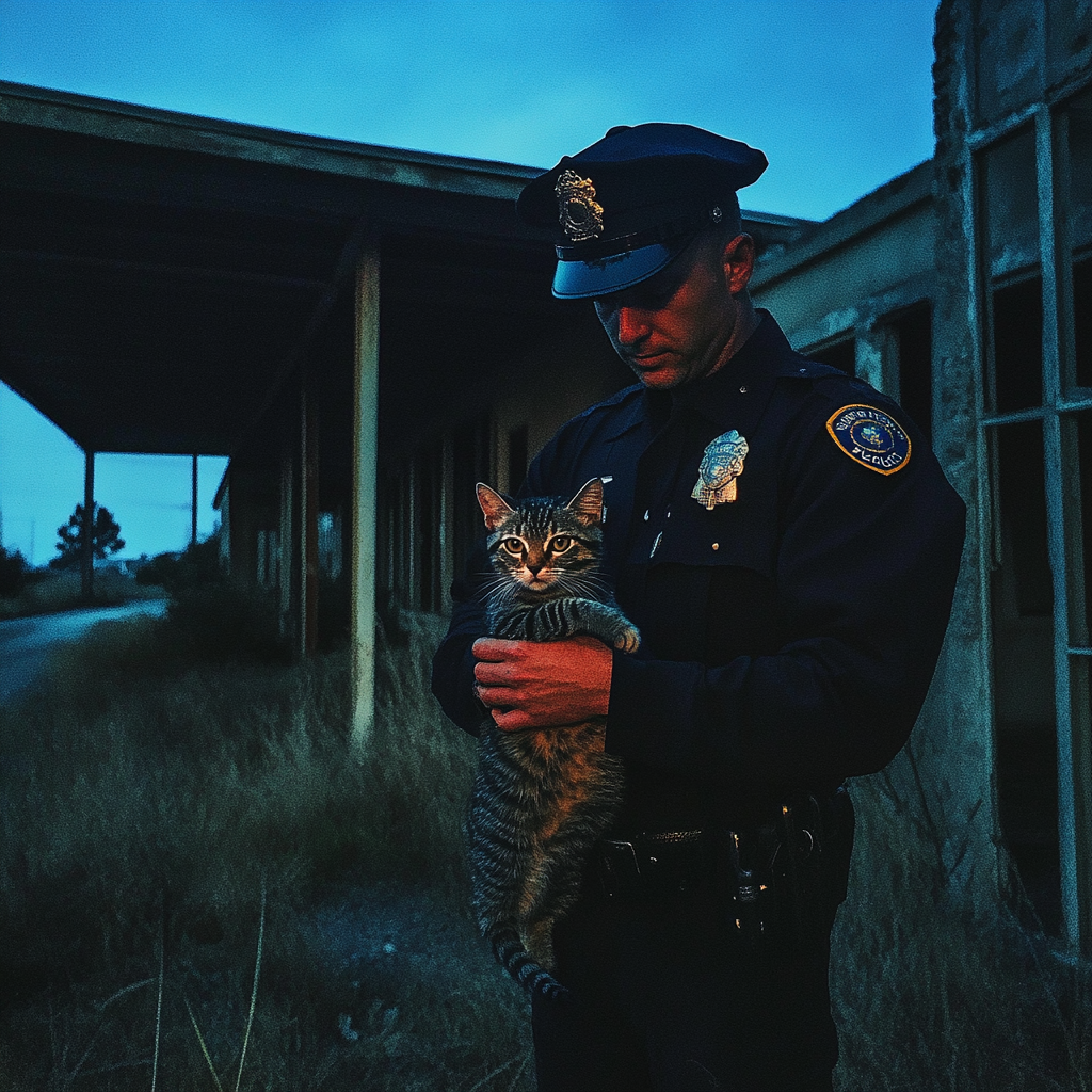 A police officer holding a cat | Source: Midjourney