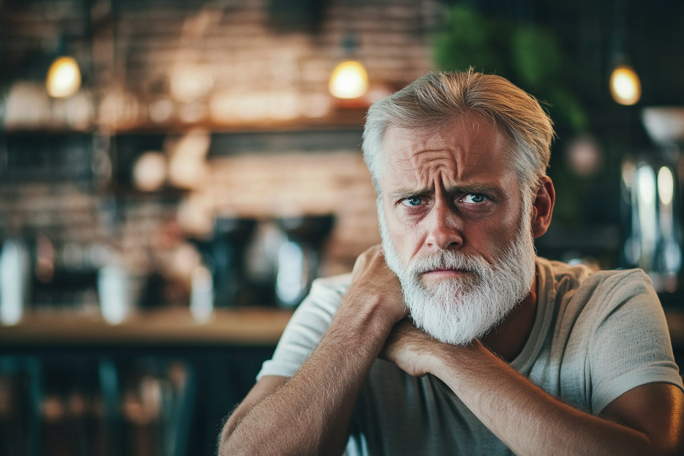 An anxious man sitting in a coffee shop | Source: Midjourney