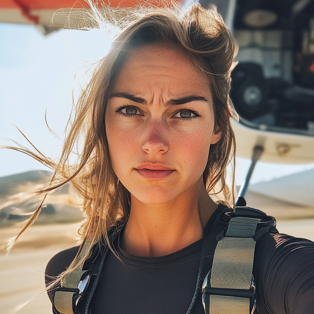 A young woman standing in front of a plane | Source: Midjourney