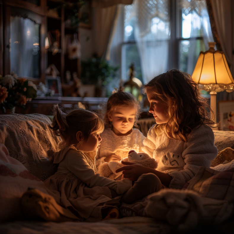 Emma, Bella, and Peter in Grandpa's house, filled with warmth and memories | Source: Midjourney