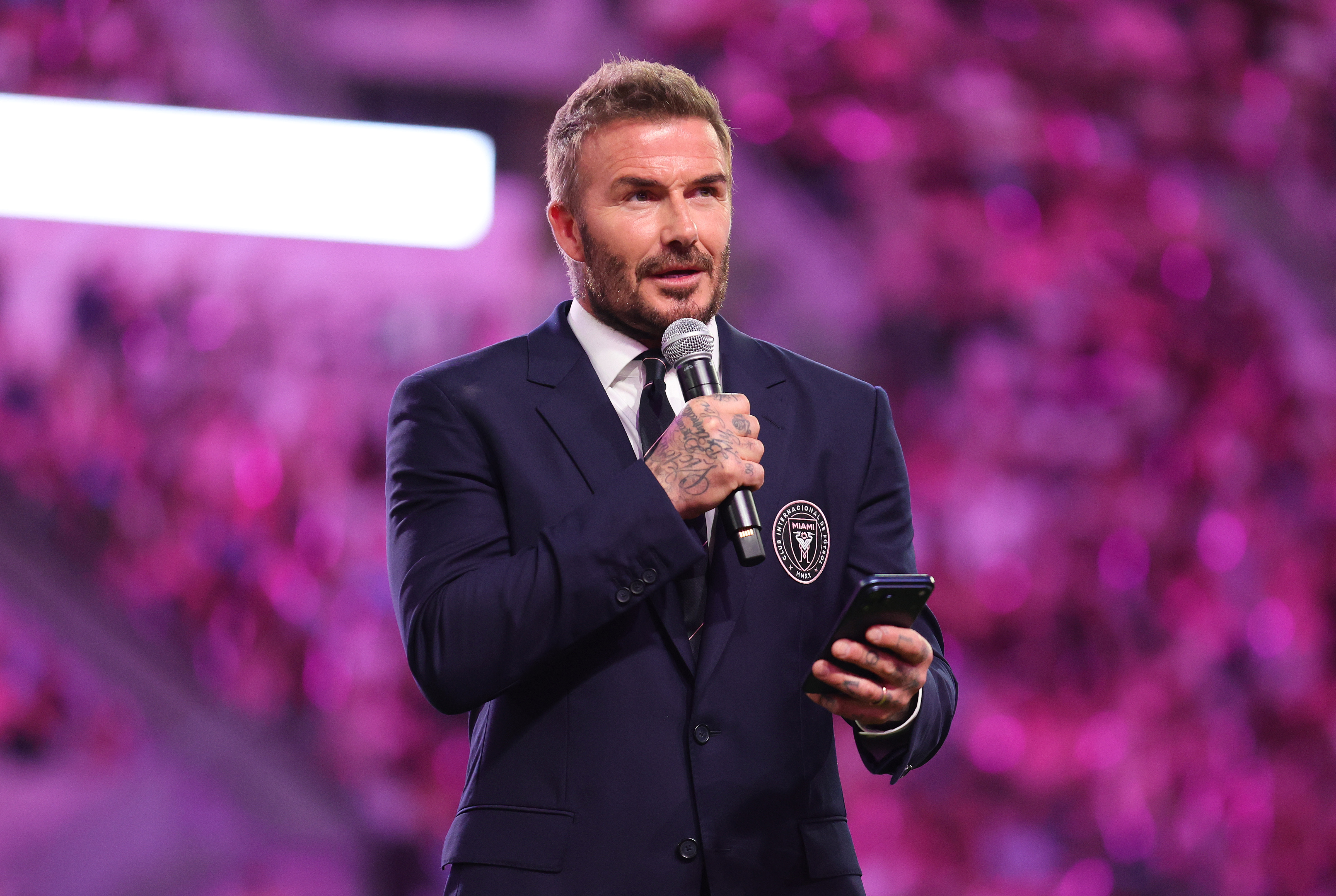 Sir David Beckham speaks prior to the MLS match between Inter Miami CF and Austin FC at Nu Stadium on 4 April 2026 in Florida, United States. | Source: Getty Images