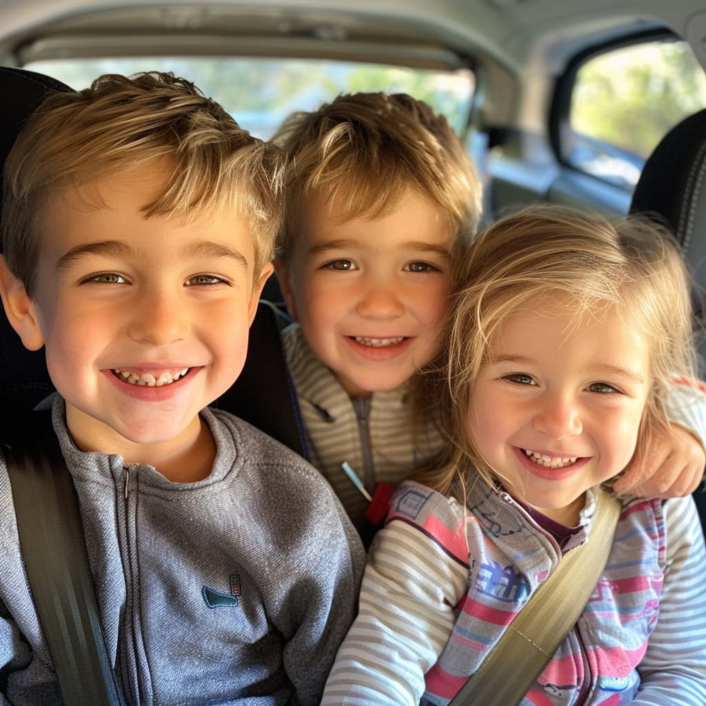 Three little children sitting in a car | Source: Midjourney