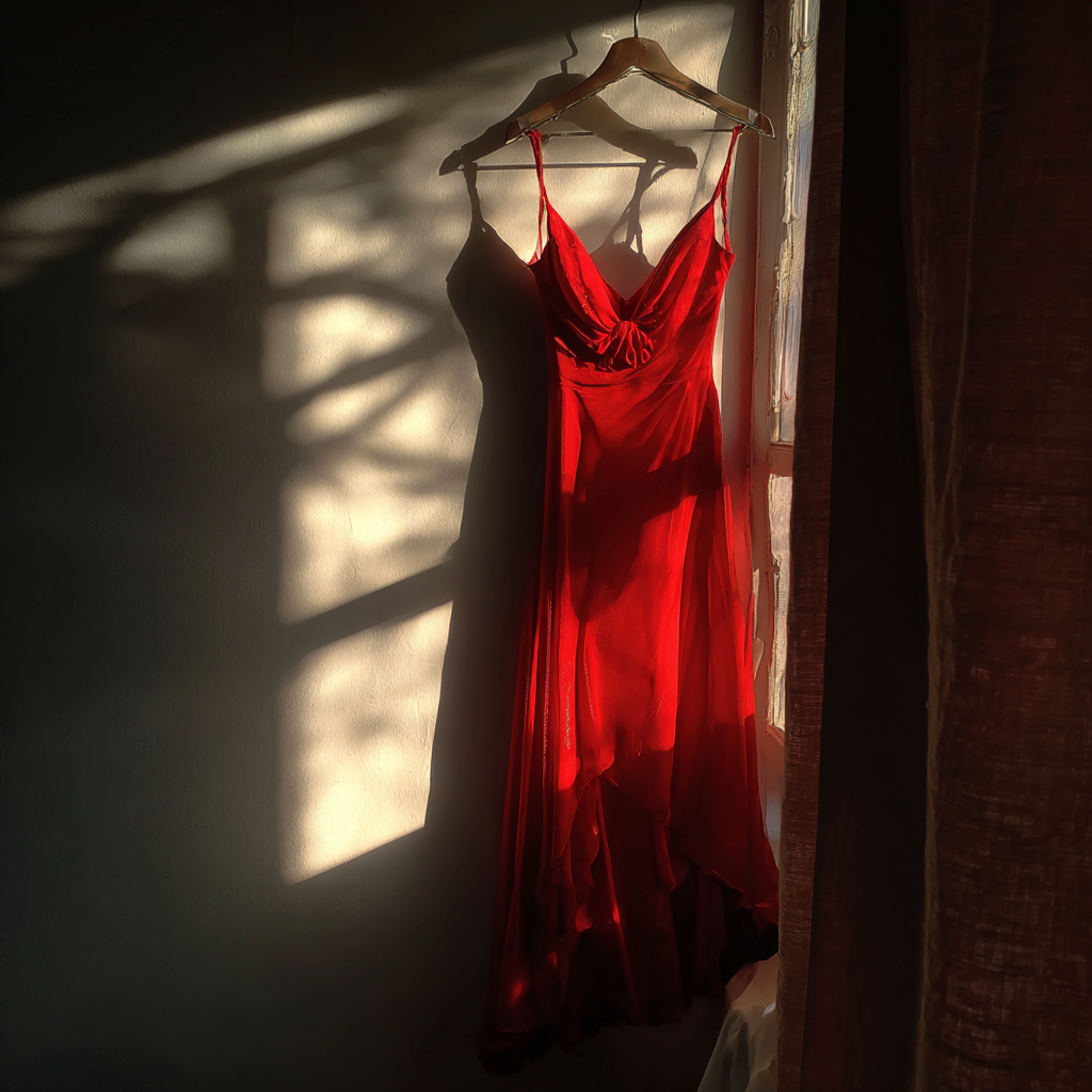 A red dress hanging from a hanger | Source: Midjourney