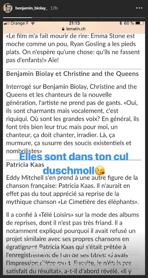 Source : Instagram story/Benjamin Biolay