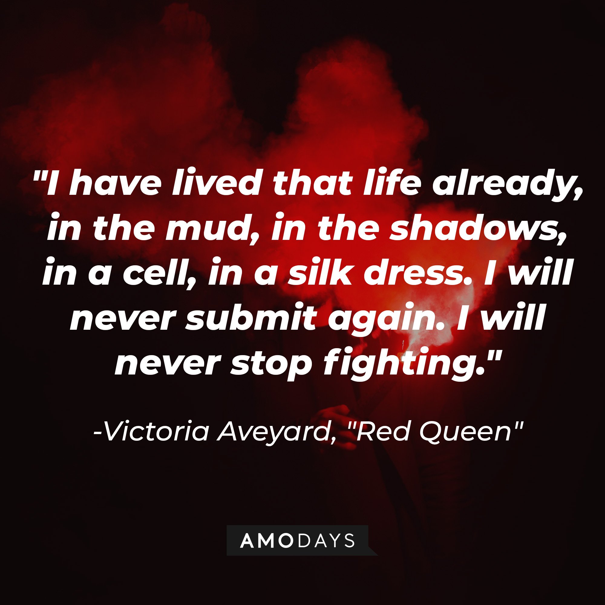 Victoria Aveyard’s quote in “Red Queen”: "I have lived that life already, in the mud, in the shadows, in a cell, in a silk dress. I will never submit again. I will never stop fighting." | Image: AmoDays