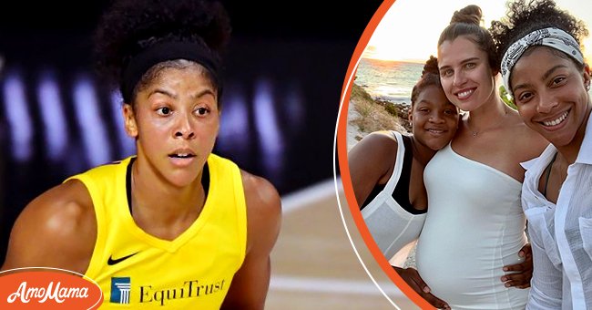 Candace Parker during a game against the Seattle Storm at Feld Entertainment Center in 2020 [Left] Parker, her wife, Anna Petrakova and Parker's daughter Lailaa posed together for a photo on Instagram. | Photo: Getty Images & Instagram/candaceparker