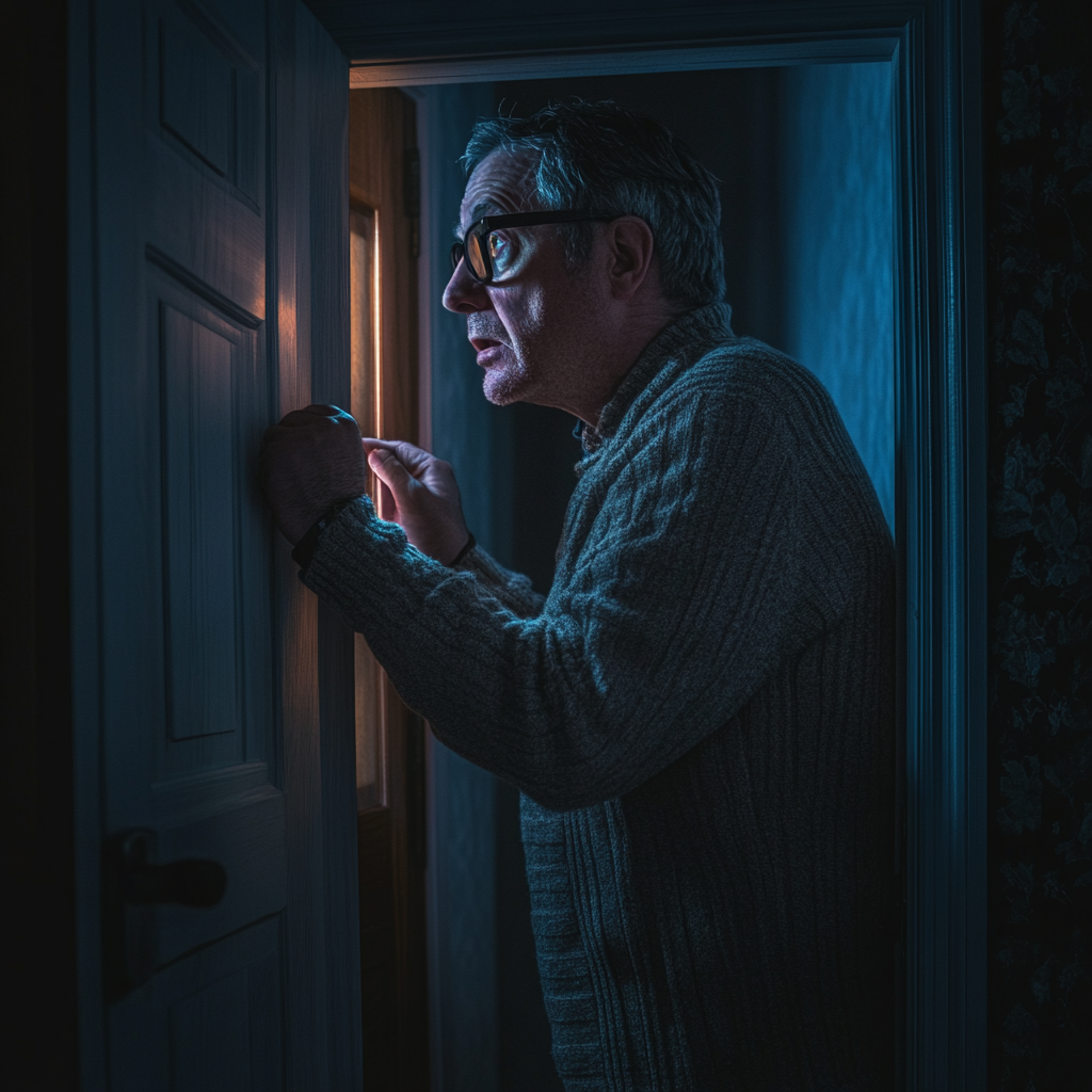 A panicked man trying to open the bedroom door | Source: Midjourney