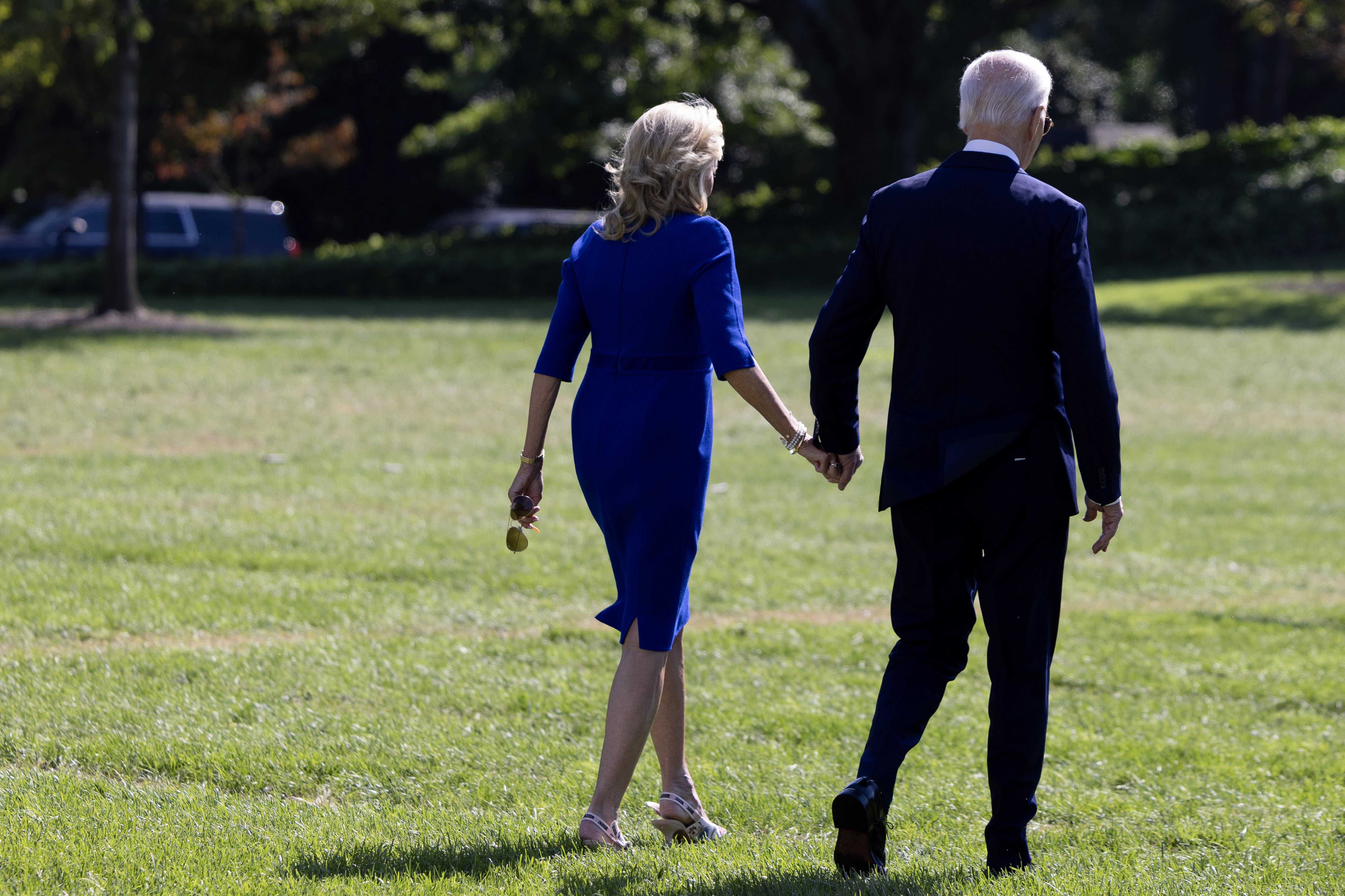 Jill and Joe Biden walking on the south lawn towards Marine One at the White House on October 5, 2024, in Washington, D.C. | Source: Getty Images