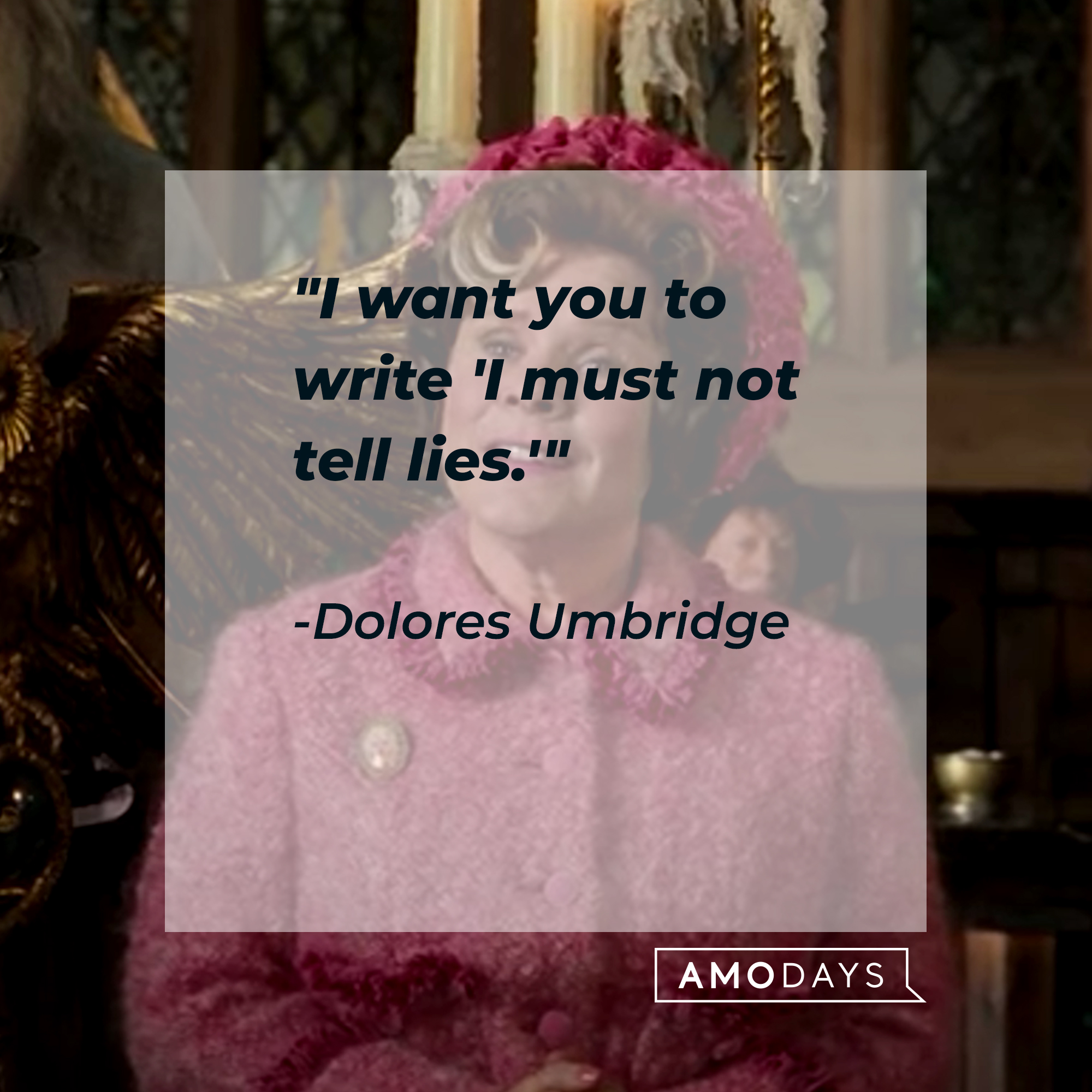 A photo of Dolores Umbridge with the quote, "I want you to write 'I must not tell lies.'" | Source: Facebook/harrypotter