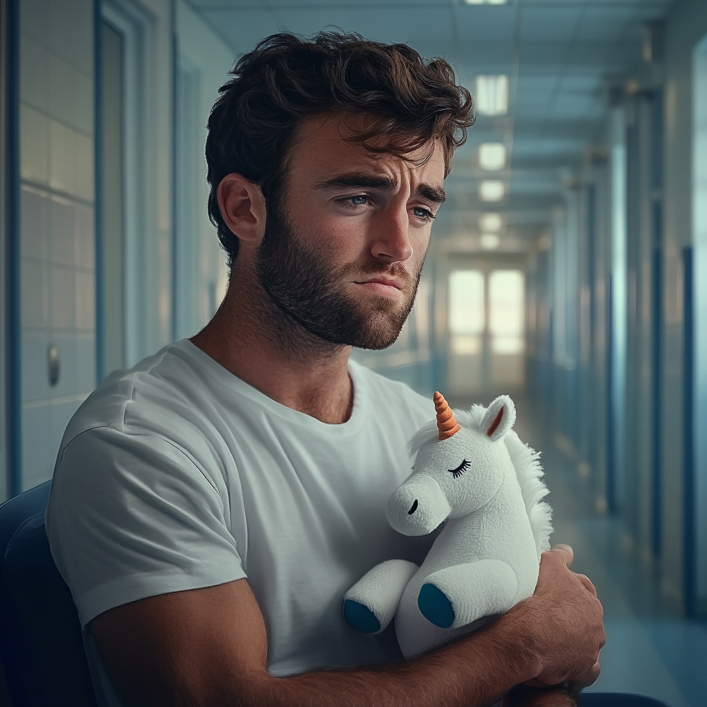 A sad man holding a unicorn plushie in a hospital corridor | Source: Midjourney