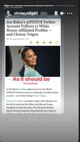 Teigen's Instagram story which shows her excitment toward her new follower. | Photo: Instagram/chrissyteigen