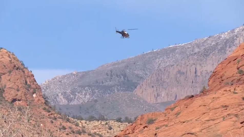 A helicopter flying over the Red Cliffs Recreation Area in Washington County, Utah, from a new report on January 14, 2026 | Source: YouTube/KUTV 2 News Salt Lake City