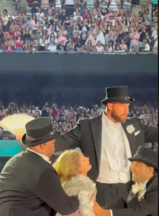 Taylor Swift and Travis Kelce with two dancers, during their skit, posted on June 24, 2024 | Source: TikTok/pagesix