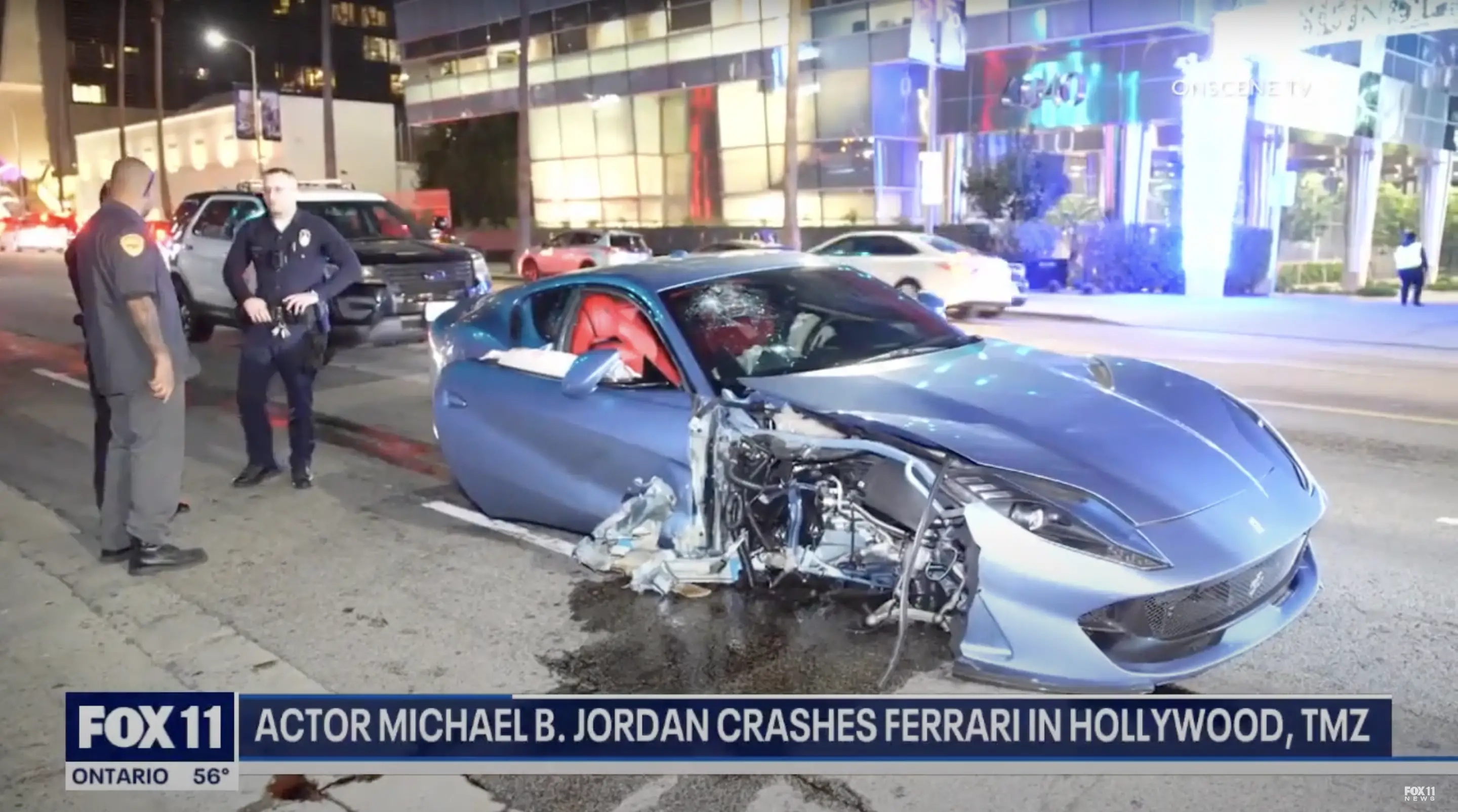 A screenshot showing Michael B. Jordan's Ferrari after the car crash on December 3, 2023 | Source: Youtube.com/Fox 11 Los Angeles