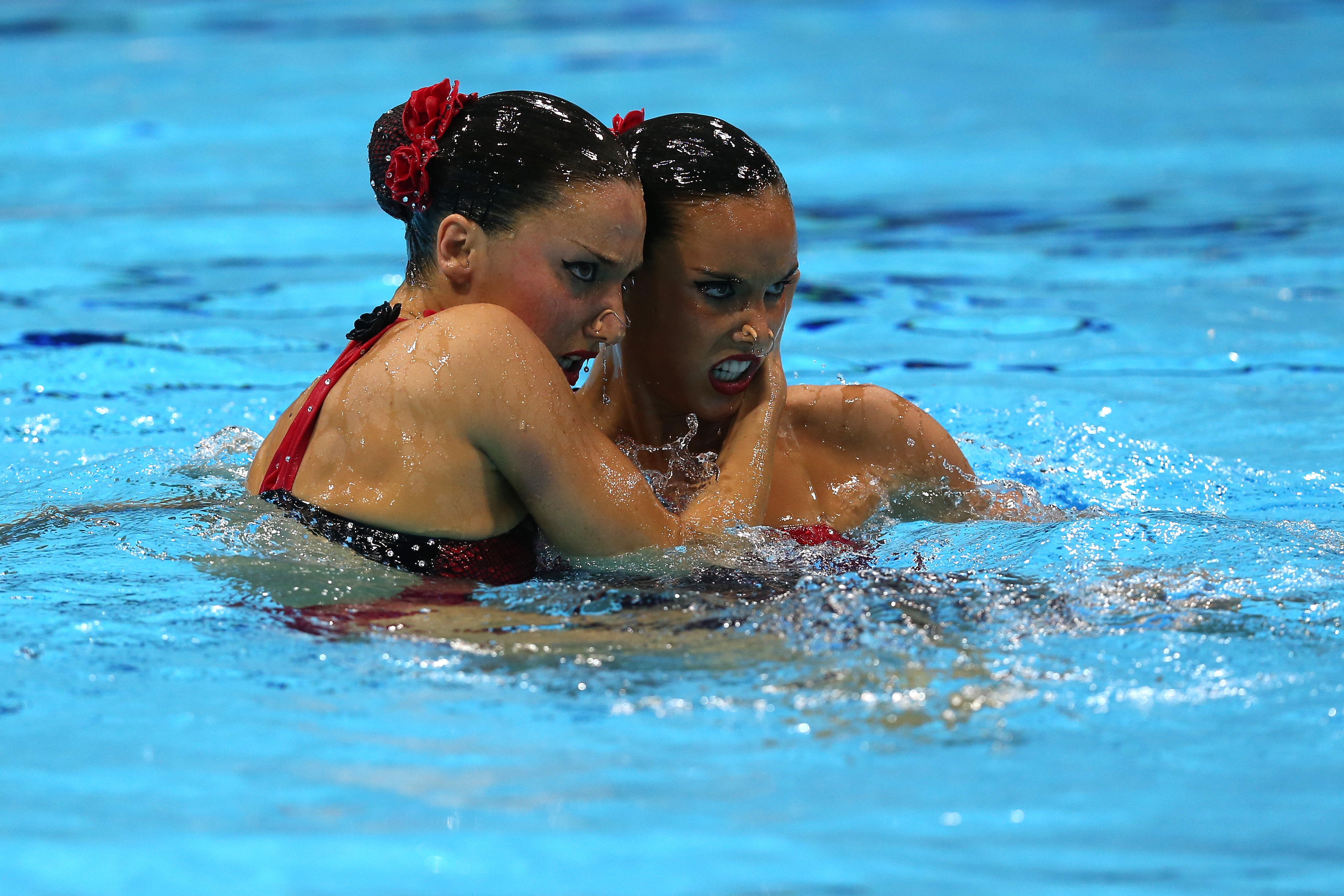 Ballestero Carbonell and Andrea Fuentes Fache of Spain during their performance for the Women's Duets Synchronised Swimming Free Routine Final at the 2012 Olympic Games in London, England, on August 7, 2012 | Source: Getty Images