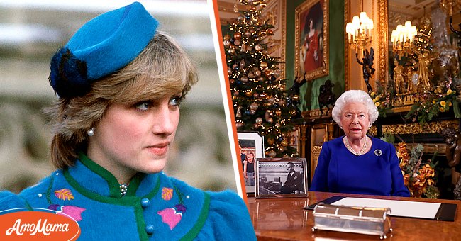Princess Diana Attending A Service At St George's Chapel, Windsor On Christmas Day. [Left] | Queen Elizabeth II records her annual Christmas broadcast in Windsor Castle [Right] | Photo: Getty Images