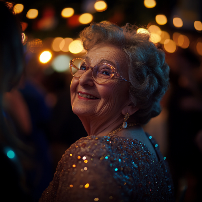 An elderly woman at a party, smiling happily | Source: Midjourney