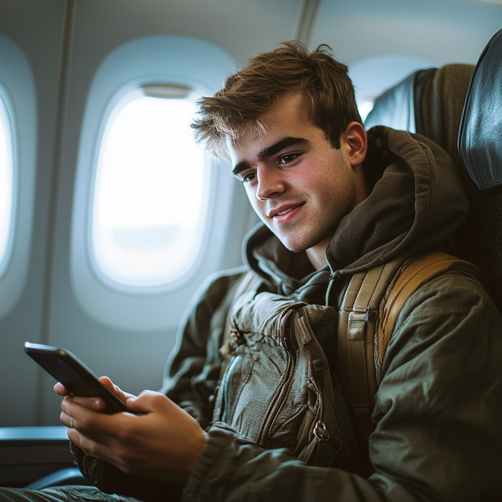 A happy man texting during a flight | Source: Midjourney