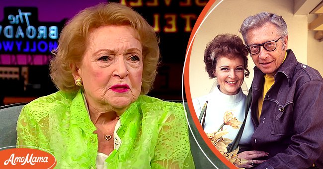 Betty White during an interview with James Corden in "The Late Late Show" posted on YouTube in May 2017 [left]. White and Allen Ludden on February 14, 1972 [right] | Photo: YouTube/The Late Late Show with James Corden - Getty Images 