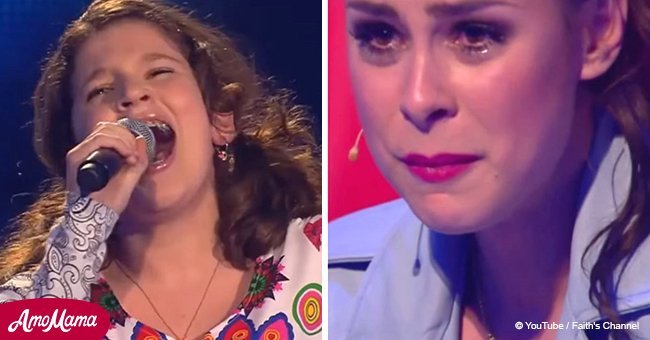 Judge turns her chair, hearing a girl's voice in a blind audition. But then she starts weeping