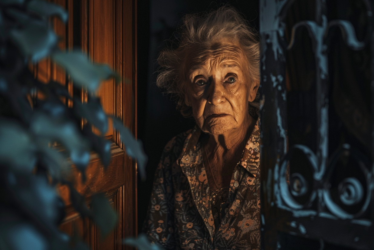 An elderly woman standing in a doorway | Source: MidJourney