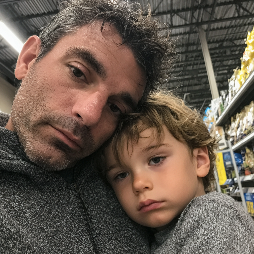 A father and son standing in a grocery store | Source: Midjourney