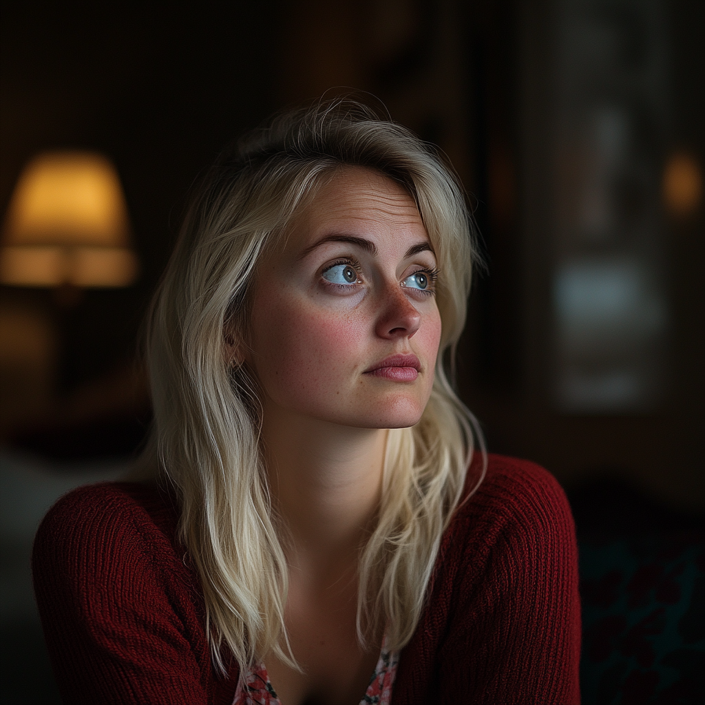 A thoughtful woman sitting in her room | Source: Midjourney