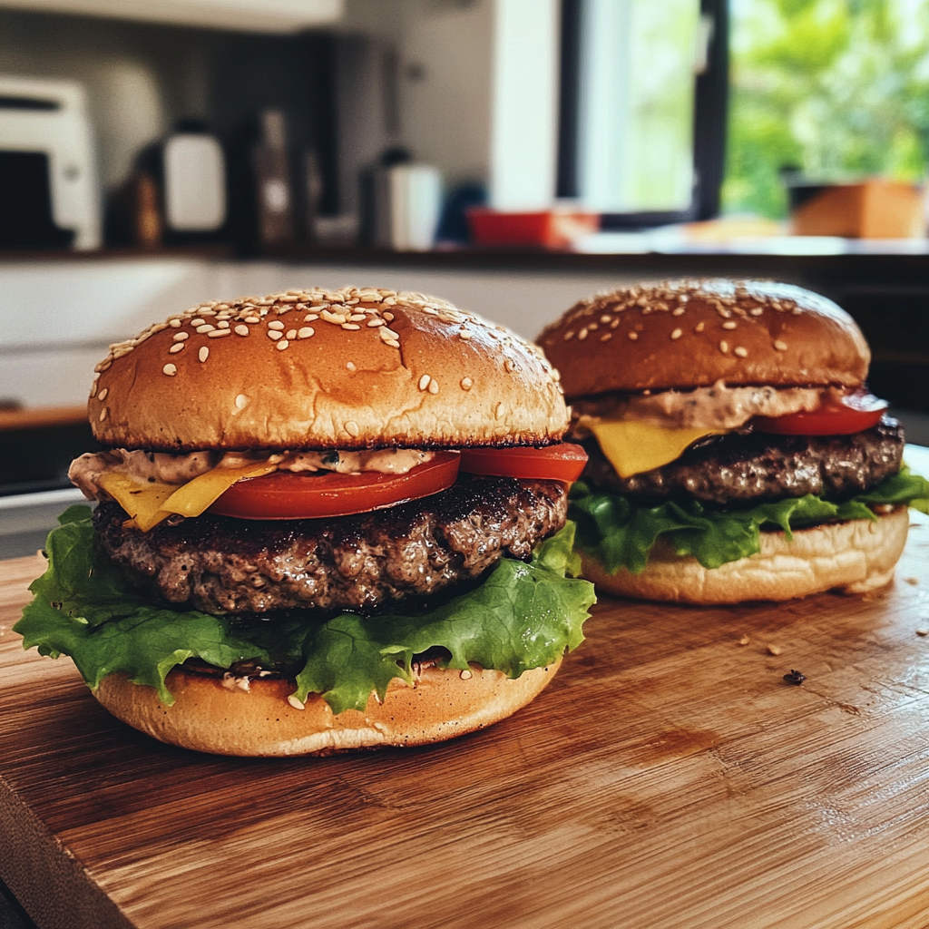 Homemade burgers on a wooden board | Source: Midjourney