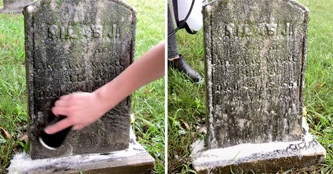 Caitlin Abrams cleaning a tombstone. │Source: tiktok.com/manicpixiemomA 