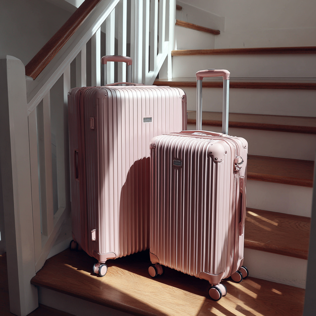 Pink suitcases on a staircase | Source: Midjourney