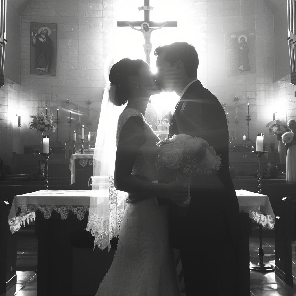 A couple kissing at the altar | Source: Midjourney