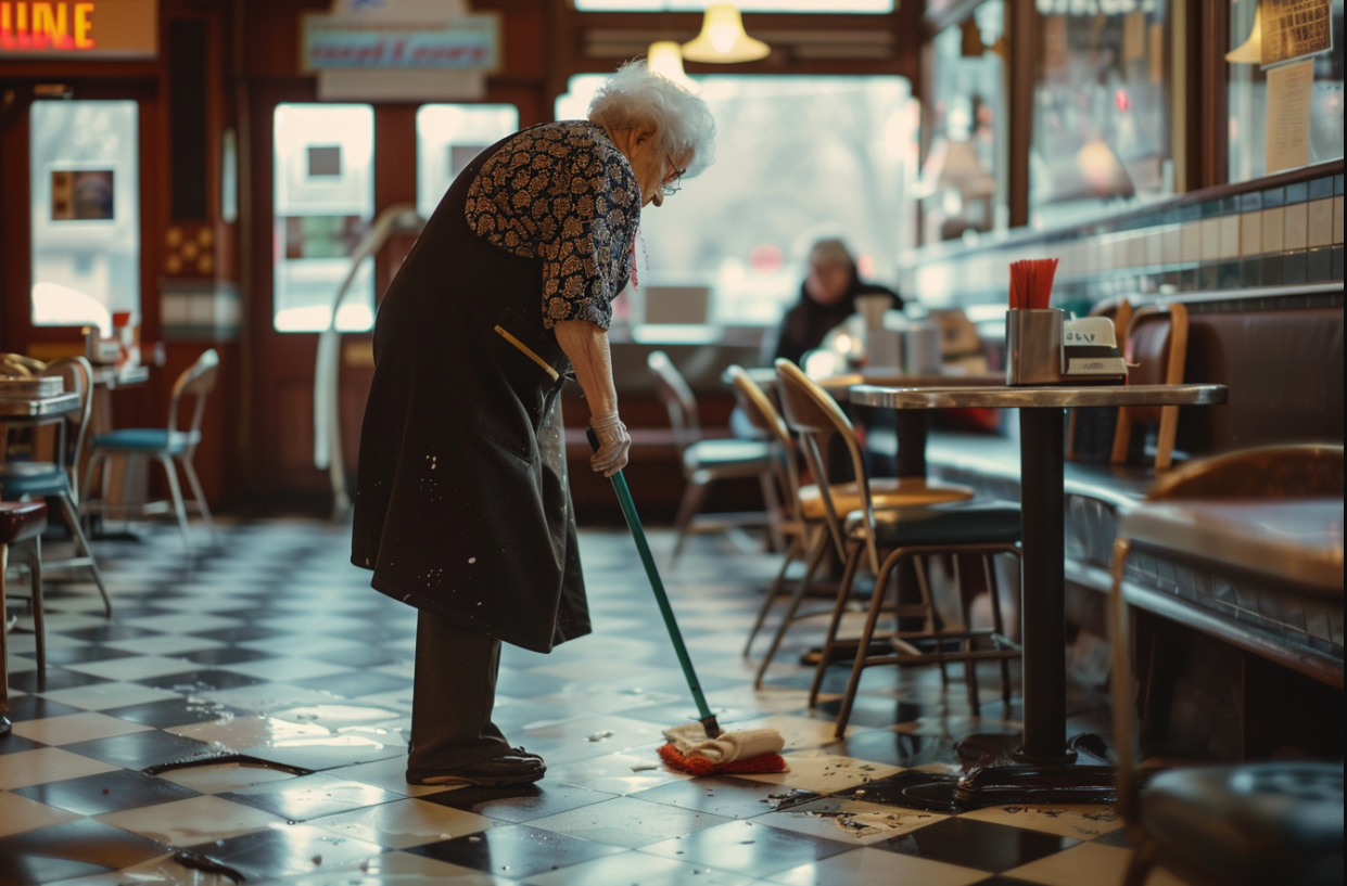 An elderly cleaning lady mopping the floor | Source: MidJourney