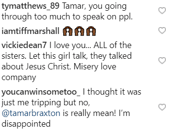 Screenshot of Instagram users' reactions to Tamar Braxton's comment. | Photo: Instagram/Tina Knowles