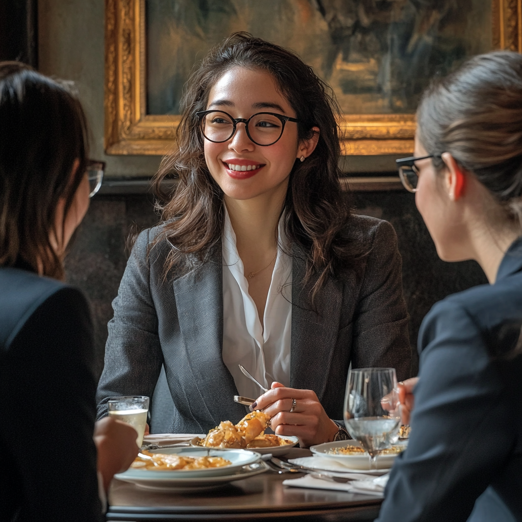 A mulher sorrindo ao perceber que sabia de quem seu colega estava falando | Fonte: Midjourney