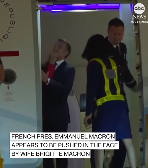 Brigitte Macron pushing Emmanuel Macron's face as aircrew members prepare for disembarking, posted on May 26, 2025. | Source: Instagram/abcnews