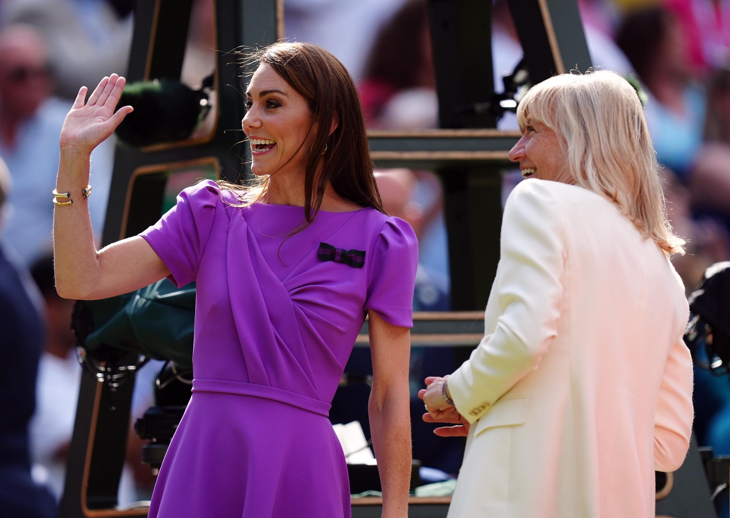 Kate Middleton and Debbie Jevans during the trophy presentation for the Gentlemens Singles final at the 2024 Wimbledon Championships on July 14, 2024, in London, England. | Source: Getty Images